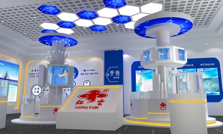 云南能投化工企业展厅设计
设计风格：以白色和蓝色为背景主题，总体造型突显科技感，企业文化融合展厅设计风格，大气科技感显示企业实力象征。